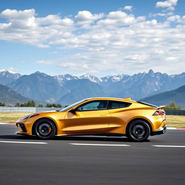 An impressive fusion of the Corvette C8 and the Mercedes GLE Coupe, creating a stunning 4-door crossover utility vehicle (CUV) that embodies both sporty performance and elegant luxury, showcased in a sleek matte gold finish