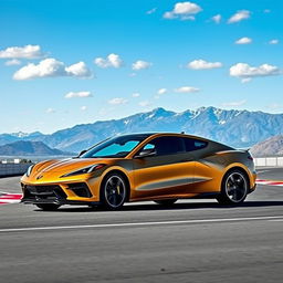 An impressive fusion of the Corvette C8 and the Mercedes GLE Coupe, creating a stunning 4-door crossover utility vehicle (CUV) that embodies both sporty performance and elegant luxury, showcased in a sleek matte gold finish