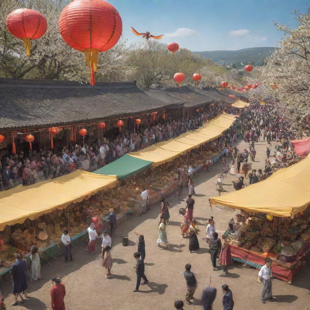 A lively spring camp scene under a sunny sky. Various stalls sell food and drinks, people engage in tug-of-war and folk games. Delicately hung lanterns sway in the breeze, and a person parades through the crowd with a vibrant dragon.