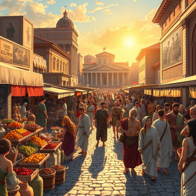 A beautifully illustrated historical scene depicting a vibrant marketplace in ancient Rome during the afternoon