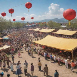 A lively spring camp scene under a sunny sky. Various stalls sell food and drinks, people engage in tug-of-war and folk games. Delicately hung lanterns sway in the breeze, and a person parades through the crowd with a vibrant dragon.