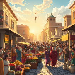 A beautifully illustrated historical scene depicting a vibrant marketplace in ancient Rome during the afternoon