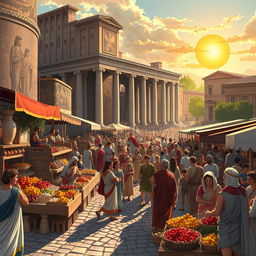 A beautifully illustrated historical scene depicting a vibrant marketplace in ancient Rome during the afternoon