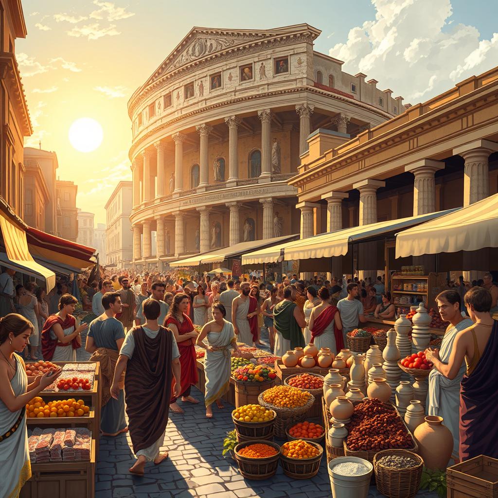 A beautifully illustrated historical scene depicting a vibrant marketplace in ancient Rome during the afternoon