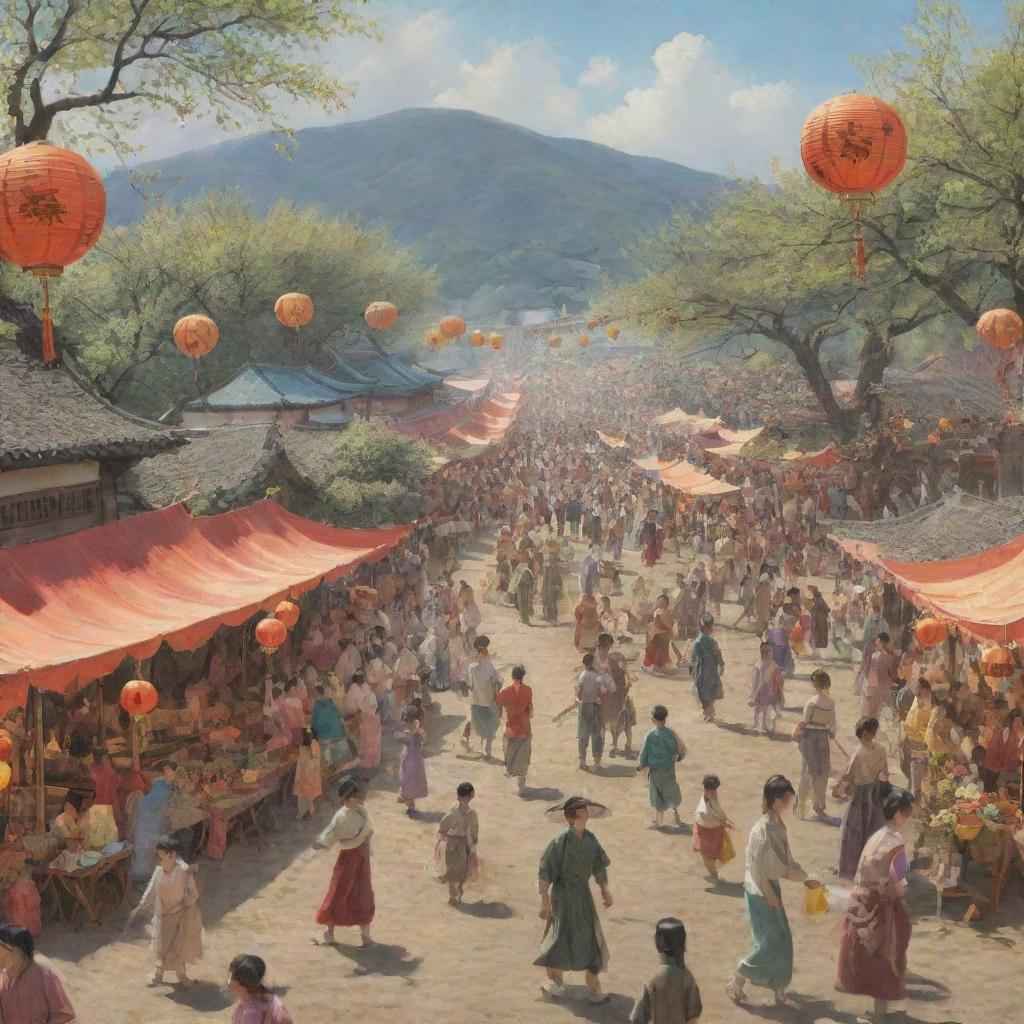 A lively spring camp scene under a sunny sky. Various stalls sell food and drinks, people engage in tug-of-war and folk games. Delicately hung lanterns sway in the breeze, and a person parades through the crowd with a vibrant dragon.