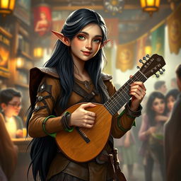 A young but mature-looking half-elf bard with long black hair streaked with white, soft green eyes, a gentle smile, and slightly tanned skin