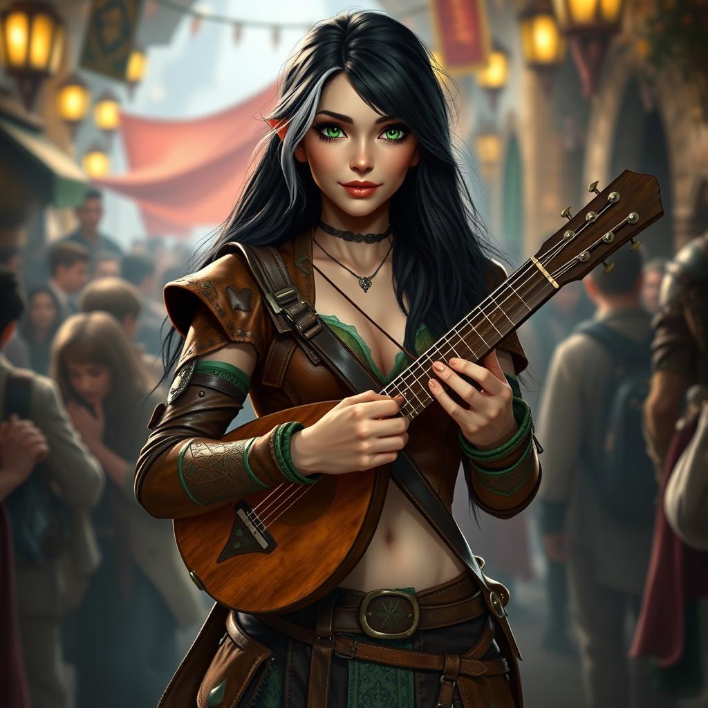 A young but mature-looking half-elf bard with long black hair streaked with white, soft green eyes, a gentle smile, and slightly tanned skin