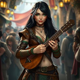 A young but mature-looking half-elf bard with long black hair streaked with white, soft green eyes, a gentle smile, and slightly tanned skin