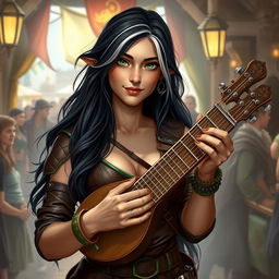 A young but mature-looking half-elf bard with long black hair streaked with white, soft green eyes, a gentle smile, and slightly tanned skin