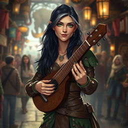 A young but mature-looking half-elf bard with long black hair streaked with white, soft green eyes, a gentle smile, and slightly tanned skin