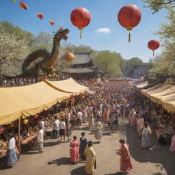 A lively spring camp scene under a sunny sky. Various stalls sell food and drinks, people engage in tug-of-war and folk games. Delicately hung lanterns sway in the breeze, and a person parades through the crowd with a vibrant dragon.