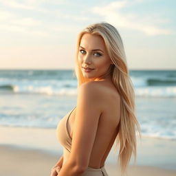 A stunning Caucasian woman with silky, waist-length blonde hair cascading down her back, posing elegantly on a picturesque beach with gentle, rolling waves and soft, powdery sand