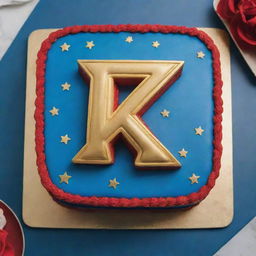 A realistic number 4 shaped cake featuring Wonder Woman elements focusing on the iconic emblem as the centerpiece, incorporating a vibrant palette of red, blue, and gold.