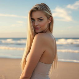 A stunning Caucasian woman with silky, waist-length blonde hair cascading down her back, posing elegantly on a picturesque beach with gentle, rolling waves and soft, powdery sand