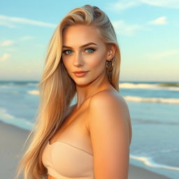 A stunning Caucasian woman with silky, waist-length blonde hair cascading down her back, posing elegantly on a picturesque beach with gentle, rolling waves and soft, powdery sand