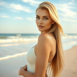 A stunning Caucasian woman with silky, waist-length blonde hair cascading down her back, posing elegantly on a picturesque beach with gentle, rolling waves and soft, powdery sand