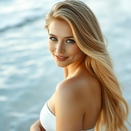 A stunning white woman with luscious, golden-blond hair cascading down her back, posing elegantly at a serene beach with gentle waves and clear turquoise water