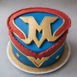 A realistic number 4 shaped cake featuring Wonder Woman elements focusing on the iconic emblem as the centerpiece, incorporating a vibrant palette of red, blue, and gold.