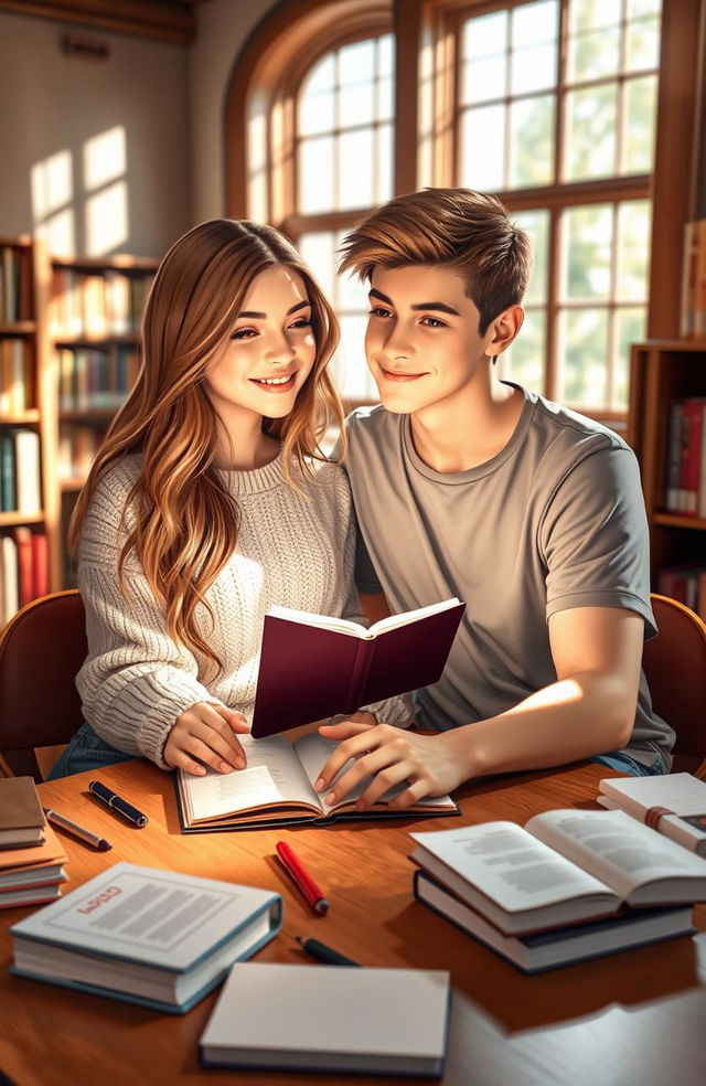 A young couple, a girl and a boy, in a school setting, sitting closely together at a table in a cozy library