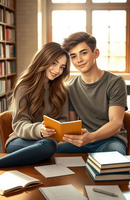 A young couple, a girl and a boy, in a school setting, sitting closely together at a table in a cozy library