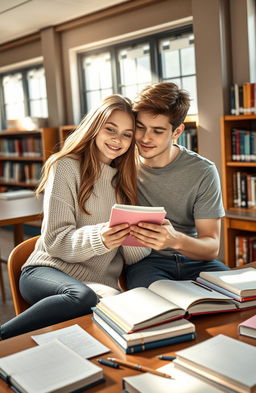 A young couple, a girl and a boy, in a school setting, sitting closely together at a table in a cozy library