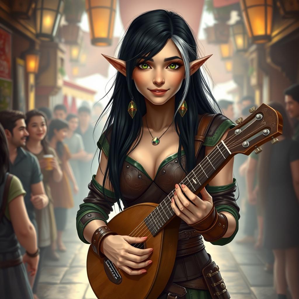 A young but mature-looking half-elf bard with long black hair streaked with white, soft green eyes, a gentle smile, and slightly tanned skin