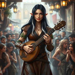 A young but mature-looking half-elf bard with long black hair streaked with white, soft green eyes, a gentle smile, and slightly tanned skin