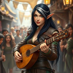 A young but mature-looking half-elf bard with long black hair streaked with white, soft green eyes, a gentle smile, and slightly tanned skin