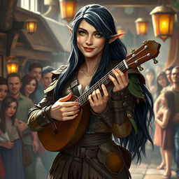 A young but mature-looking half-elf bard with long black hair streaked with white, soft green eyes, a gentle smile, and slightly tanned skin