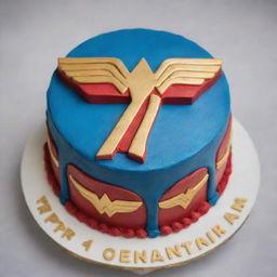 A realistic number 4 shaped cake featuring Wonder Woman elements focusing on the iconic emblem as the centerpiece, incorporating a vibrant palette of red, blue, and gold.