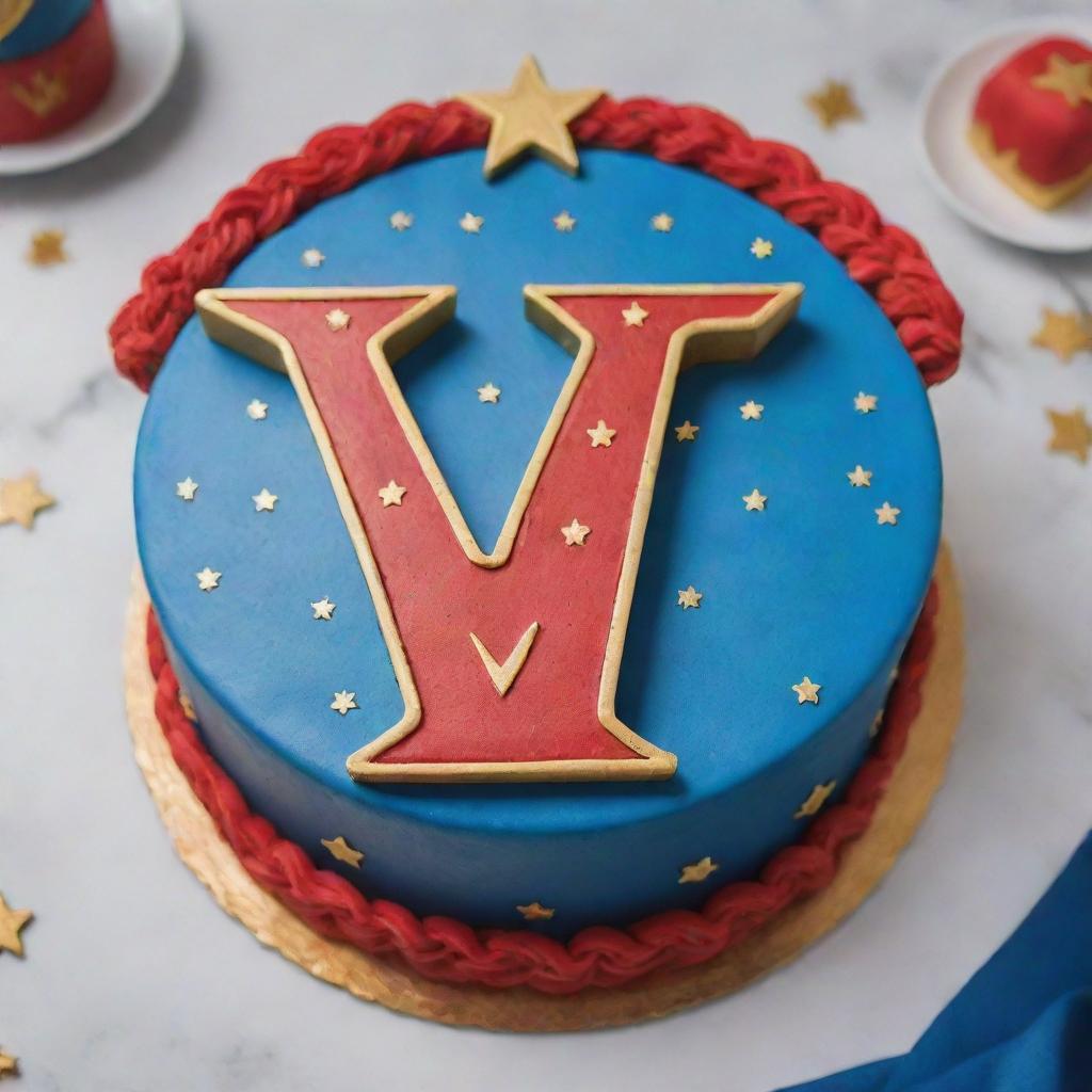 A realistic number 4 shaped cake featuring Wonder Woman elements focusing on the iconic emblem as the centerpiece, incorporating a vibrant palette of red, blue, and gold.