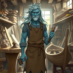 A water genasi artificer standing confidently in a workshop, surrounded by wood shavings and tools