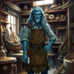 A water genasi artificer standing confidently in a workshop, surrounded by wood shavings and tools