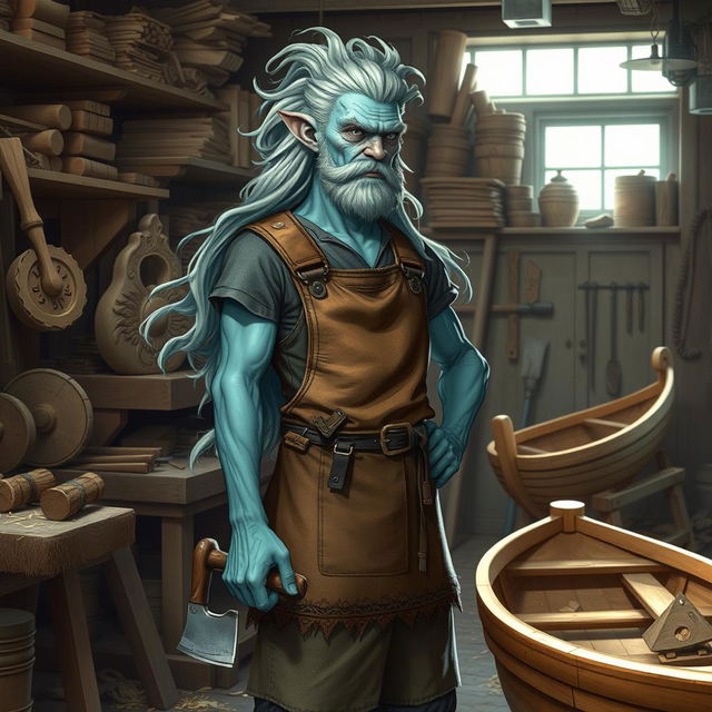 A water genasi artificer standing confidently in a workshop, surrounded by wood shavings and tools