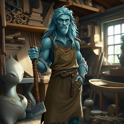 A water genasi artificer standing confidently in a workshop, surrounded by wood shavings and tools