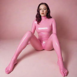 Image of a stylish girl in a fitted pink catsuit and long latex socks, barefoot. She's lying down and affectionately caressing her feet.