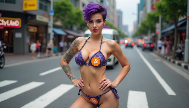 A beautiful 18-year-old Turkish woman with stunning purple Quiff Pixie hairstyle, exuding confidence and allure
