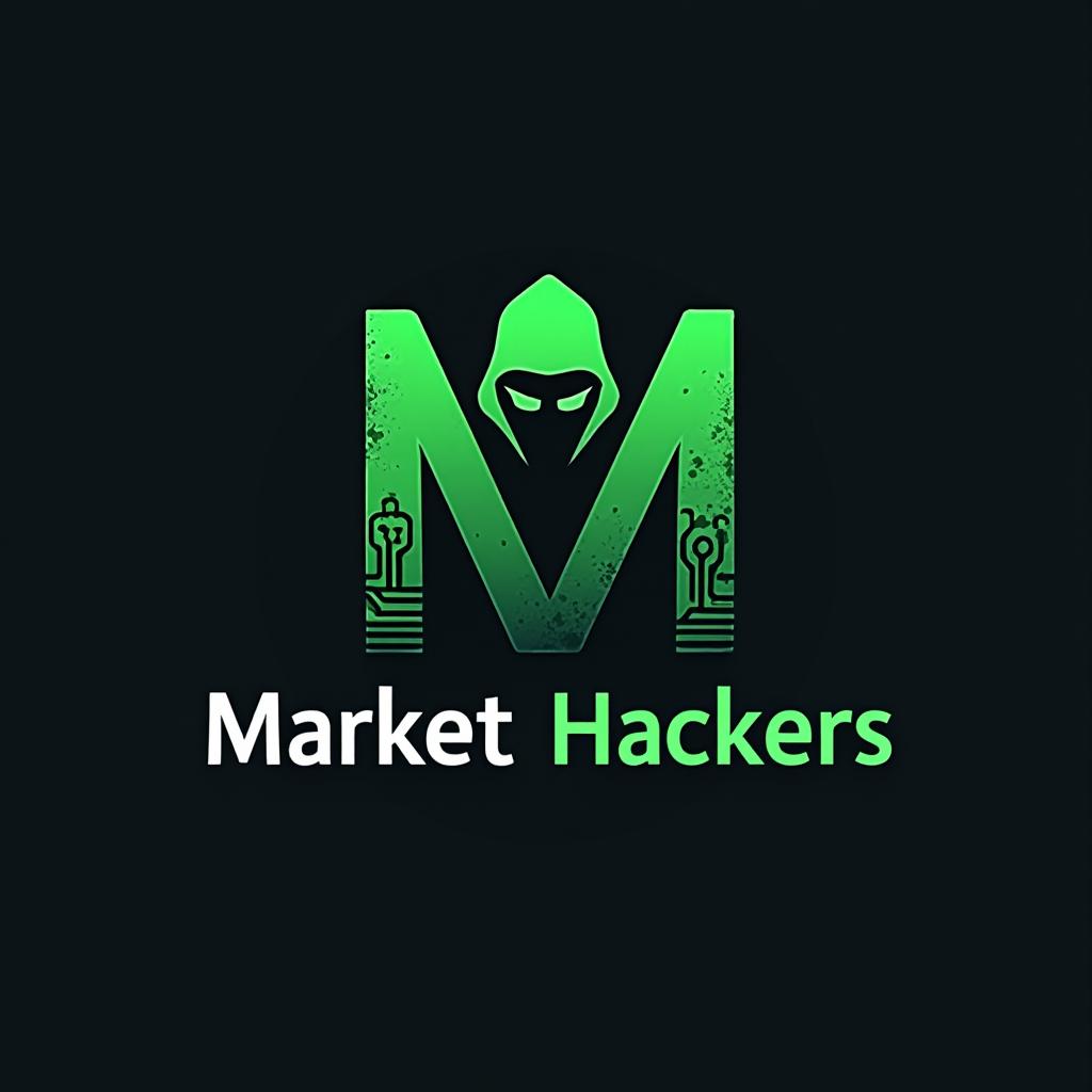 A modern and sleek logo design for a fictional organization named 'Market Hackers', featuring a stylized hacker figure integrated creatively into the letter 'M'