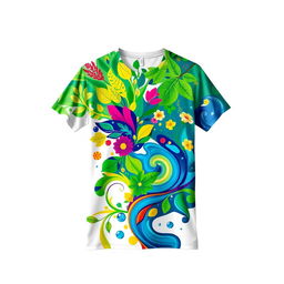 A vibrant and artistic t-shirt design featuring a colorful abstract pattern inspired by nature, incorporating elements like leaves, flowers, and swirling water patterns