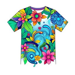 A vibrant and artistic t-shirt design featuring a colorful abstract pattern inspired by nature, incorporating elements like leaves, flowers, and swirling water patterns