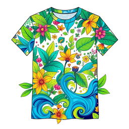 A vibrant and artistic t-shirt design featuring a colorful abstract pattern inspired by nature, incorporating elements like leaves, flowers, and swirling water patterns