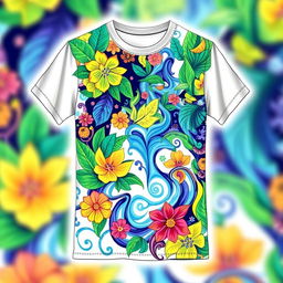 A vibrant and artistic t-shirt design featuring a colorful abstract pattern inspired by nature, incorporating elements like leaves, flowers, and swirling water patterns