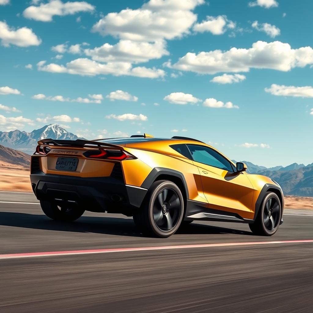 A bold fusion of the Corvette C8 and Tesla Cybertruck, resulting in a remarkable 4-door crossover utility vehicle (CUV) that combines the sleekness of the Corvette with the rugged, futuristic design of the Cybertruck, finished in a striking matte gold