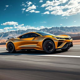 A bold fusion of the Corvette C8 and Tesla Cybertruck, resulting in a remarkable 4-door crossover utility vehicle (CUV) that combines the sleekness of the Corvette with the rugged, futuristic design of the Cybertruck, finished in a striking matte gold