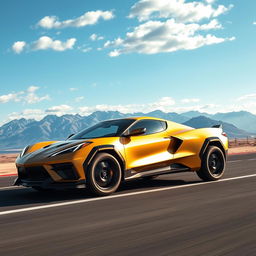 A bold fusion of the Corvette C8 and Tesla Cybertruck, resulting in a remarkable 4-door crossover utility vehicle (CUV) that combines the sleekness of the Corvette with the rugged, futuristic design of the Cybertruck, finished in a striking matte gold