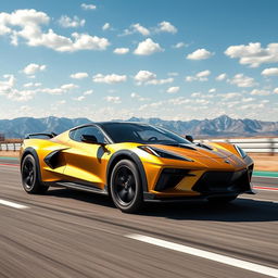 A bold fusion of the Corvette C8 and Tesla Cybertruck, resulting in a remarkable 4-door crossover utility vehicle (CUV) that combines the sleekness of the Corvette with the rugged, futuristic design of the Cybertruck, finished in a striking matte gold