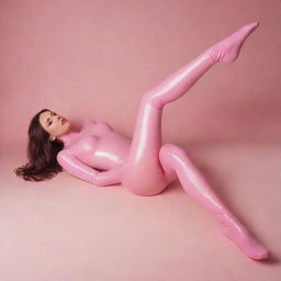 Image of a stylish girl in a fitted pink catsuit and long latex socks, barefoot. She's lying down and affectionately caressing her feet.