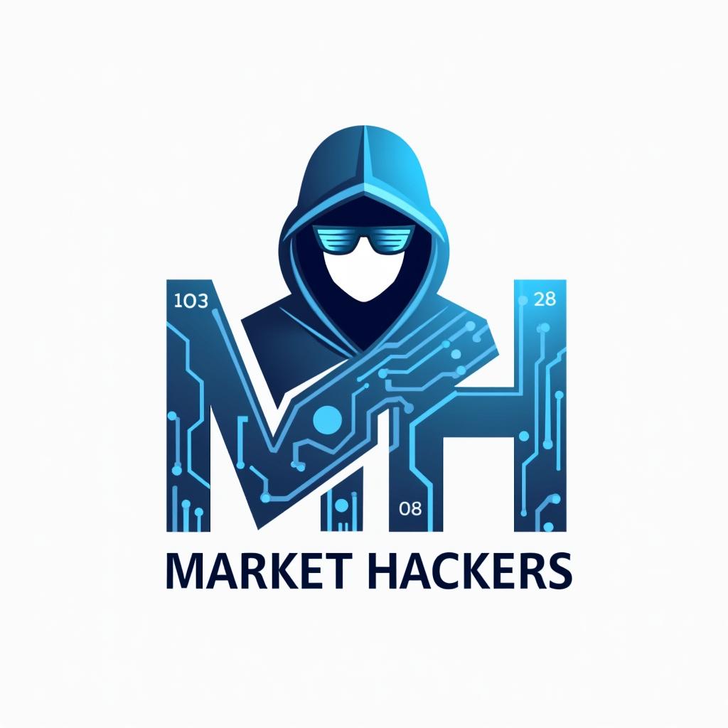 A modern and sleek logo design for a fictional organization named 'Market Hackers', featuring a stylized hacker figure integrated creatively into the letter 'M'