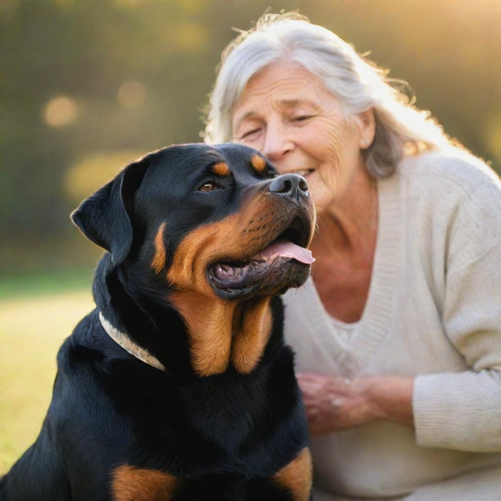 A beloved Rottweiler, radiant with heavenly glow, is joyfully reunited with a loving, elderly woman against a serene, heavenly background basked in soft, warm light.