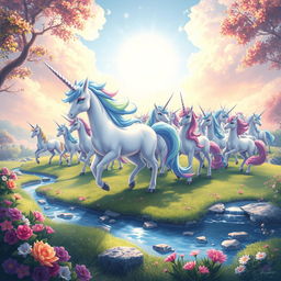 Elrin, the majestic unicorn Pokémon, elegantly leading a vibrant herd of unicorns across a lush, enchanted landscape